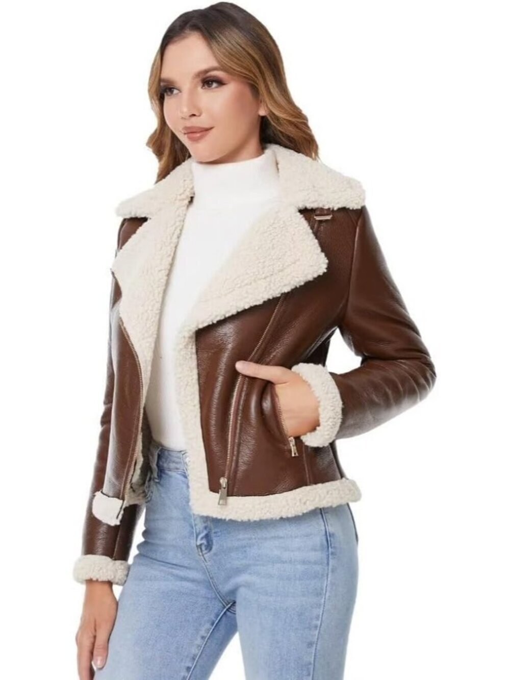 Women's Brown Polyurethane Faux Shearing Moto Thick Lined Winter Leather Jacket
